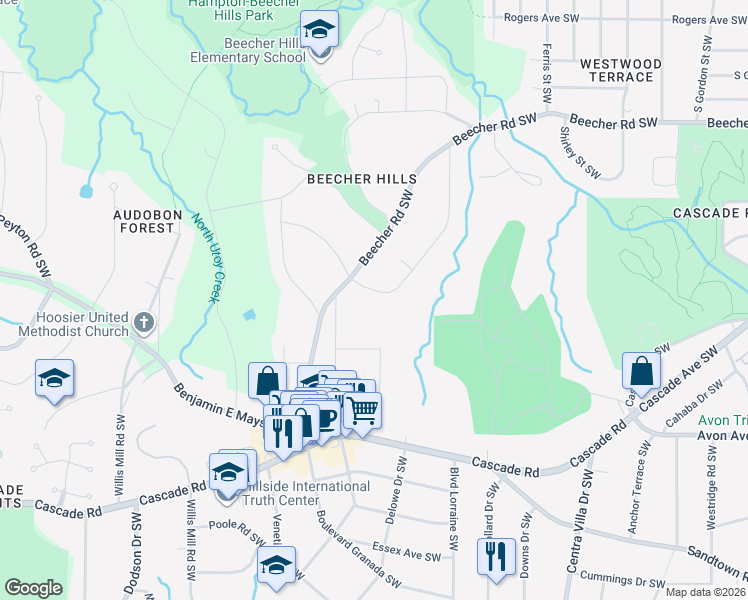 map of restaurants, bars, coffee shops, grocery stores, and more near 2248 Highview Road Southwest in Atlanta