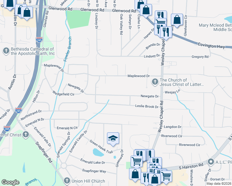 map of restaurants, bars, coffee shops, grocery stores, and more near 2337 Newgate Drive in Decatur