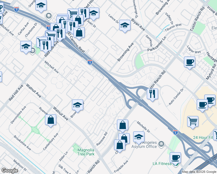 map of restaurants, bars, coffee shops, grocery stores, and more near 101 Malaga Street in Tustin