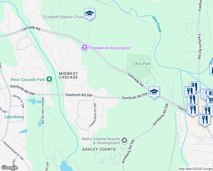 map of restaurants, bars, coffee shops, grocery stores, and more near 4153 Danforth Road Southwest in Atlanta