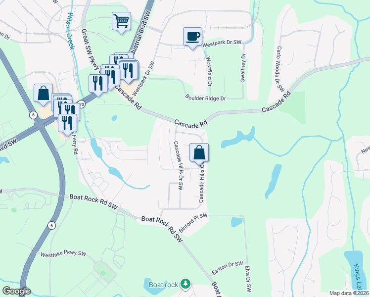 map of restaurants, bars, coffee shops, grocery stores, and more near 150 Lost Springs Lane Southwest in Atlanta