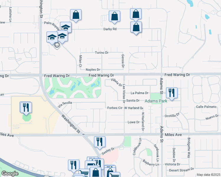 map of restaurants, bars, coffee shops, grocery stores, and more near 44265 Villeta Drive in La Quinta