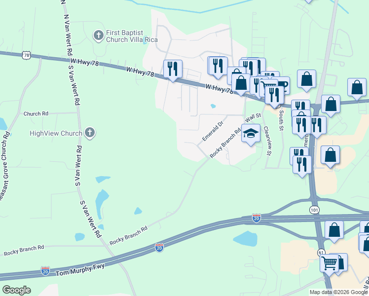 map of restaurants, bars, coffee shops, grocery stores, and more near 1012 Sapphire Street in Villa Rica