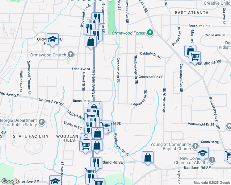 map of restaurants, bars, coffee shops, grocery stores, and more near 955 Gresham Avenue Southeast in Atlanta
