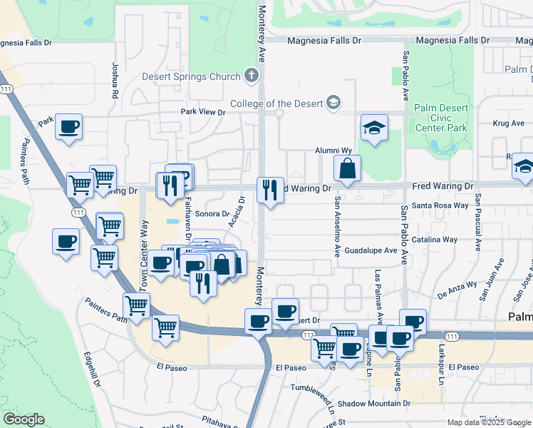 map of restaurants, bars, coffee shops, grocery stores, and more near 44200 Monterey Avenue in Palm Desert