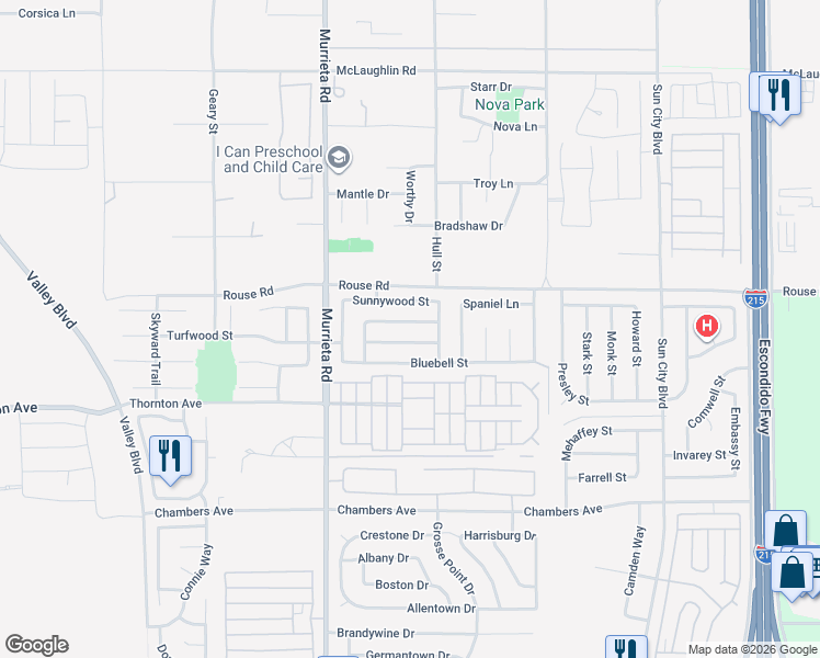 map of restaurants, bars, coffee shops, grocery stores, and more near 26173 Goldenwood Street in Menifee