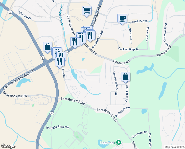 map of restaurants, bars, coffee shops, grocery stores, and more near 5449 Cascade Run in Atlanta