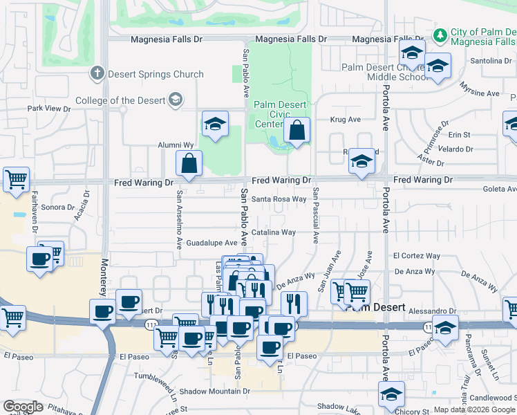 map of restaurants, bars, coffee shops, grocery stores, and more near 73535 Santa Rosa Way in Palm Desert