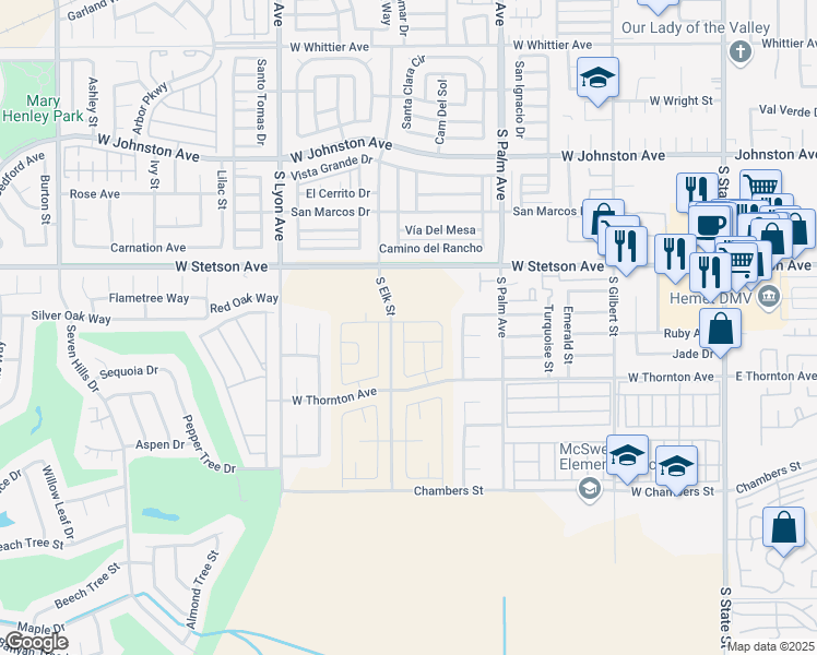 map of restaurants, bars, coffee shops, grocery stores, and more near 1271 Memorial Avenue in Hemet