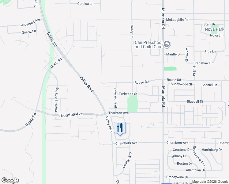 map of restaurants, bars, coffee shops, grocery stores, and more near 25612 Turfwood Street in Menifee