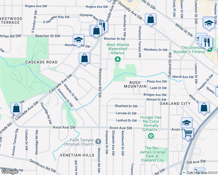 map of restaurants, bars, coffee shops, grocery stores, and more near 1463 Bridges Avenue in Atlanta
