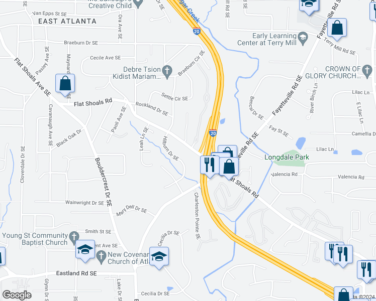 map of restaurants, bars, coffee shops, grocery stores, and more near 1905 Flat Shoals Road Southeast in Atlanta