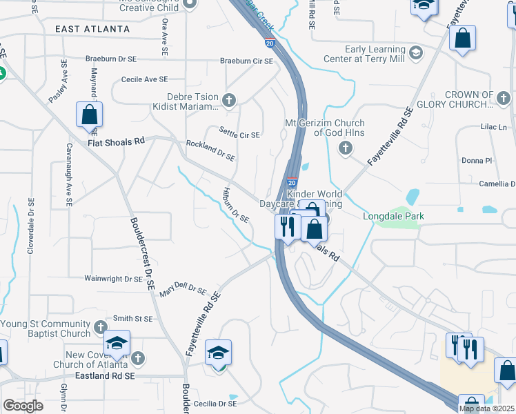 map of restaurants, bars, coffee shops, grocery stores, and more near 1905 Flat Shoals Road in Atlanta