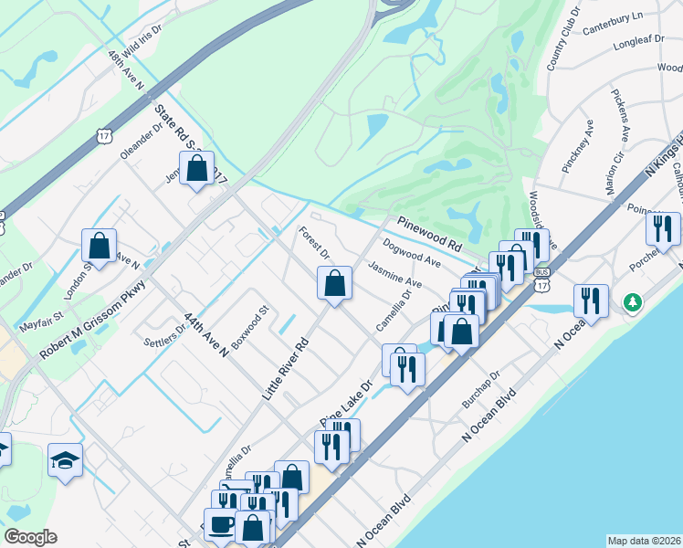 map of restaurants, bars, coffee shops, grocery stores, and more near 4805 Forest Drive in Myrtle Beach