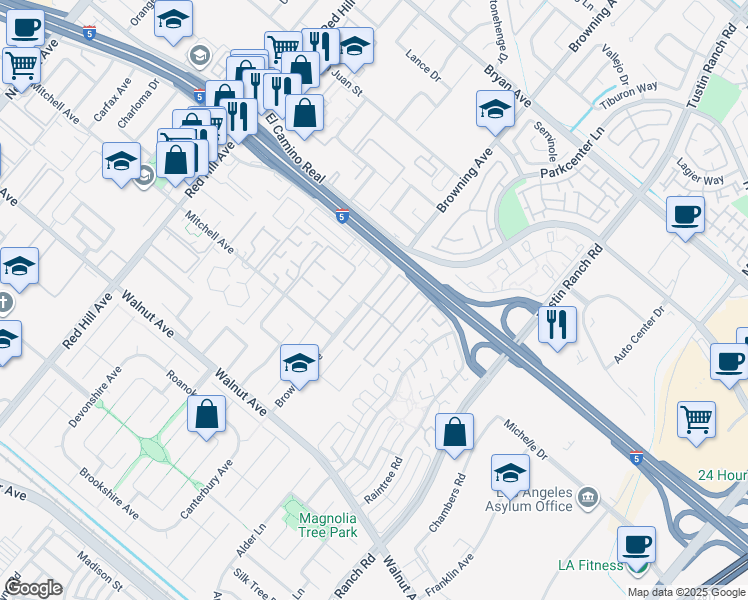 map of restaurants, bars, coffee shops, grocery stores, and more near 154 Granada Street in Tustin