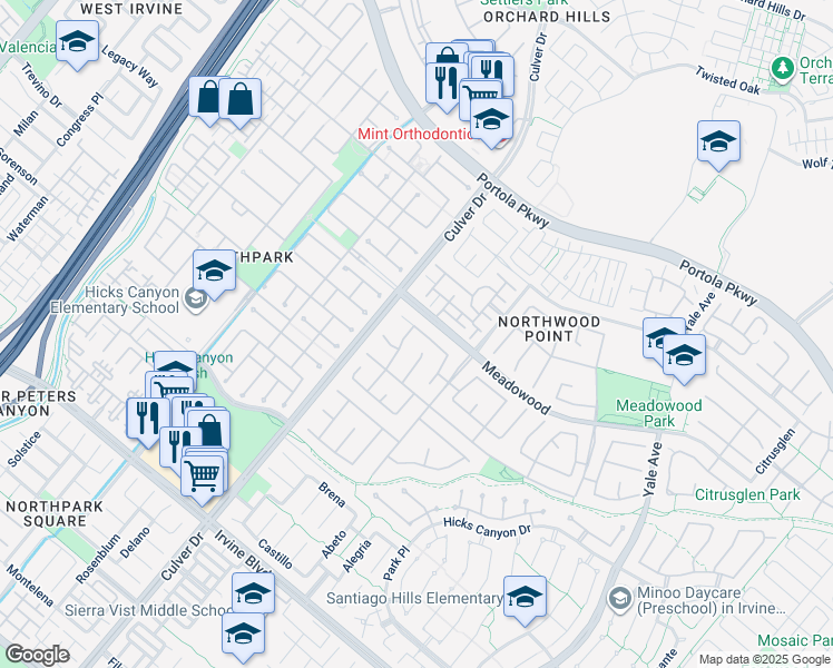 map of restaurants, bars, coffee shops, grocery stores, and more near 16 Spring Grove in Irvine