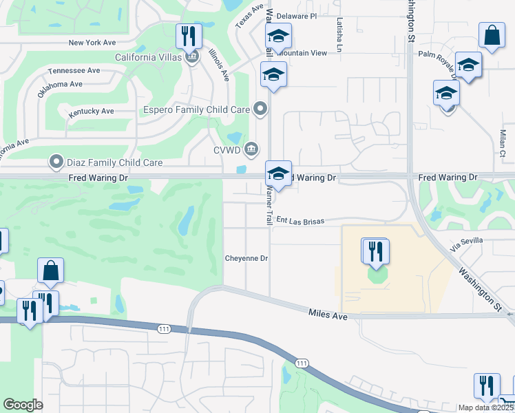 map of restaurants, bars, coffee shops, grocery stores, and more near 77469 Evening Star Circle in Indian Wells