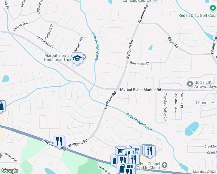 map of restaurants, bars, coffee shops, grocery stores, and more near 5874 Marbut Road in Lithonia