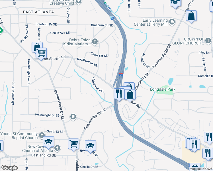 map of restaurants, bars, coffee shops, grocery stores, and more near 1905 Flat Shoals Road in Atlanta