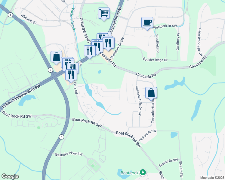 map of restaurants, bars, coffee shops, grocery stores, and more near 5449 Cascade Run in Atlanta
