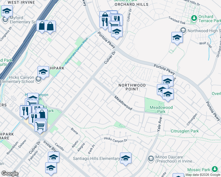 map of restaurants, bars, coffee shops, grocery stores, and more near 307 Rathbourne in Irvine