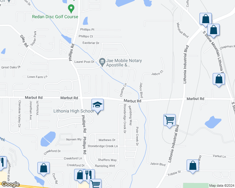 map of restaurants, bars, coffee shops, grocery stores, and more near 6427 Bedford Lane in Lithonia