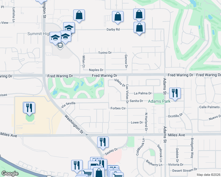 map of restaurants, bars, coffee shops, grocery stores, and more near 44265 Villeta Drive in La Quinta