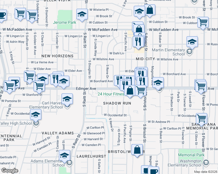 map of restaurants, bars, coffee shops, grocery stores, and more near 1422 South Rene Drive in Santa Ana