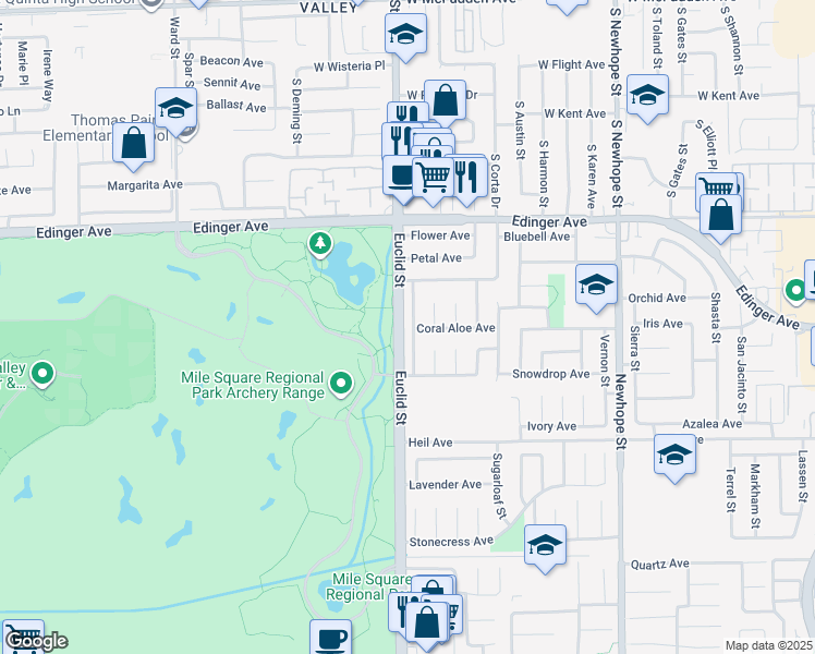 map of restaurants, bars, coffee shops, grocery stores, and more near 16233 Mount Baden Powell Street in Fountain Valley