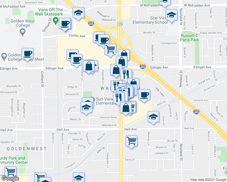 map of restaurants, bars, coffee shops, grocery stores, and more near 7942 Stark Drive in Huntington Beach