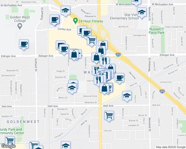 map of restaurants, bars, coffee shops, grocery stores, and more near 7942 Stark Drive in Huntington Beach