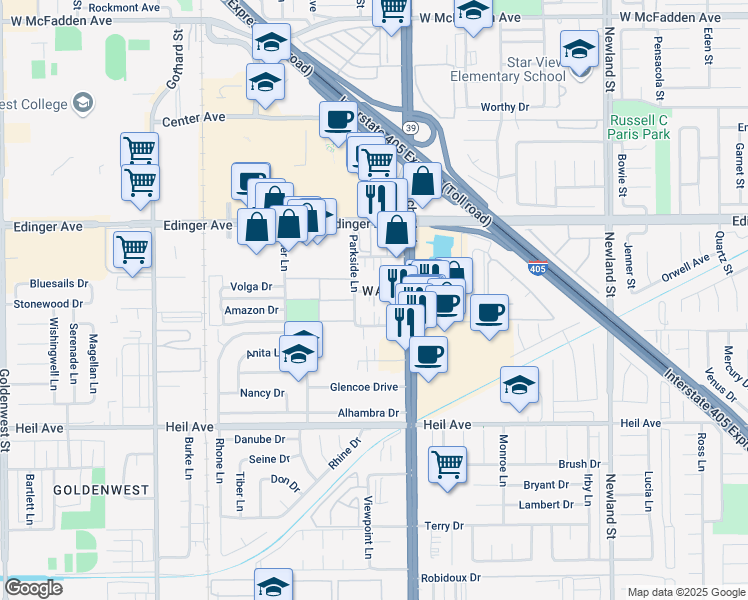 map of restaurants, bars, coffee shops, grocery stores, and more near 7852 Stark Drive in Huntington Beach