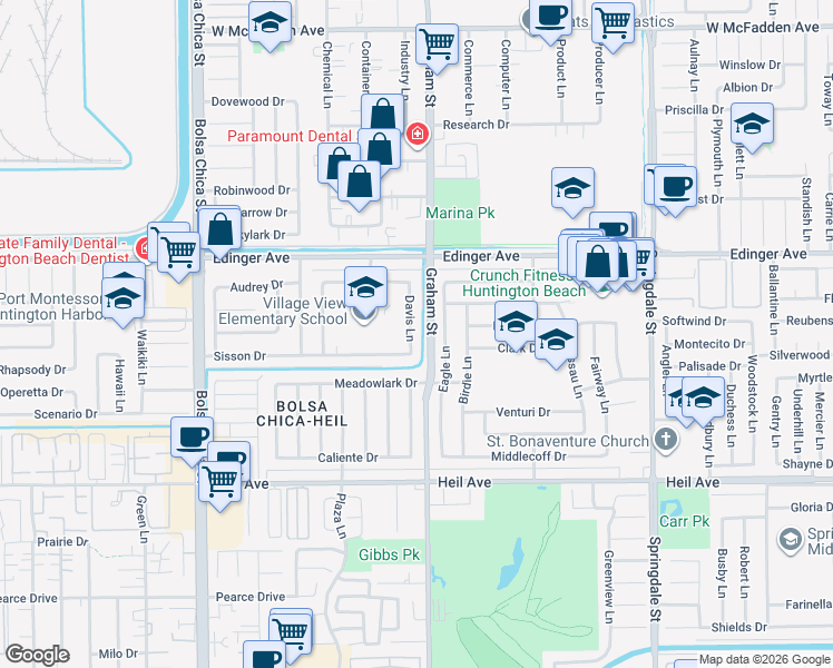 map of restaurants, bars, coffee shops, grocery stores, and more near 16151 Davis Lane in Huntington Beach