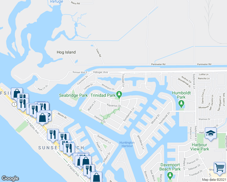 map of restaurants, bars, coffee shops, grocery stores, and more near 3566 Windspun Drive in Huntington Beach
