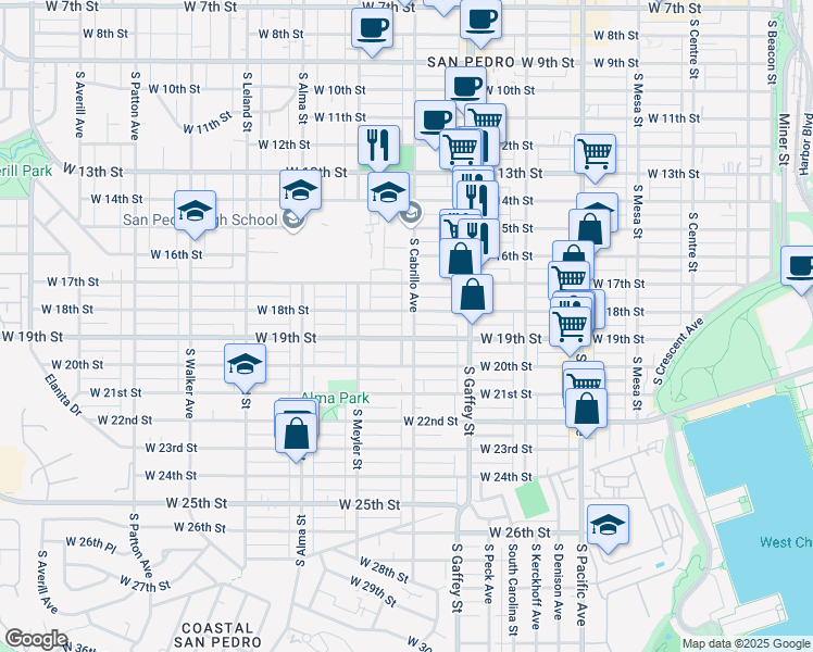 map of restaurants, bars, coffee shops, grocery stores, and more near 1804 South Cabrillo Avenue in Los Angeles