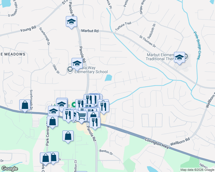 map of restaurants, bars, coffee shops, grocery stores, and more near 5527 Mallard Trail in Lithonia