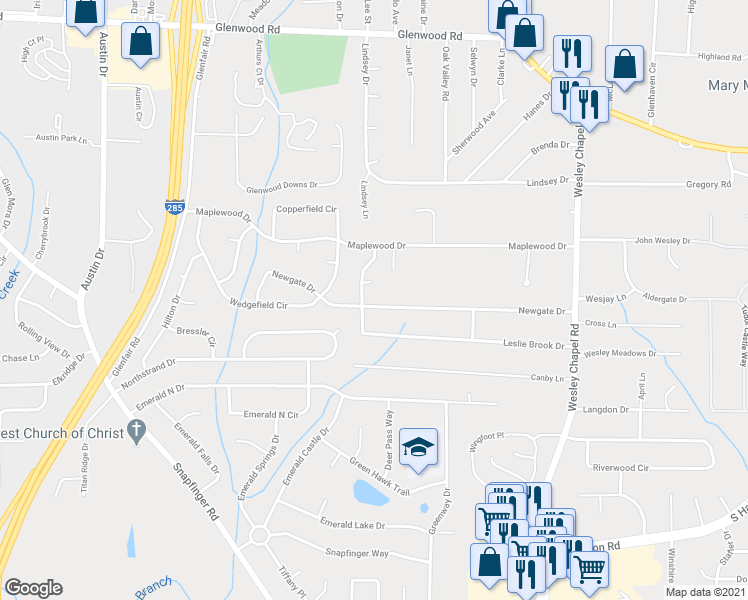 map of restaurants, bars, coffee shops, grocery stores, and more near 2295 Newgate Drive in Decatur