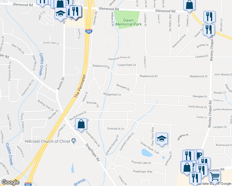map of restaurants, bars, coffee shops, grocery stores, and more near 3976 Wedgefield Circle in Decatur