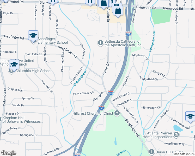 map of restaurants, bars, coffee shops, grocery stores, and more near in Candler-McAfee