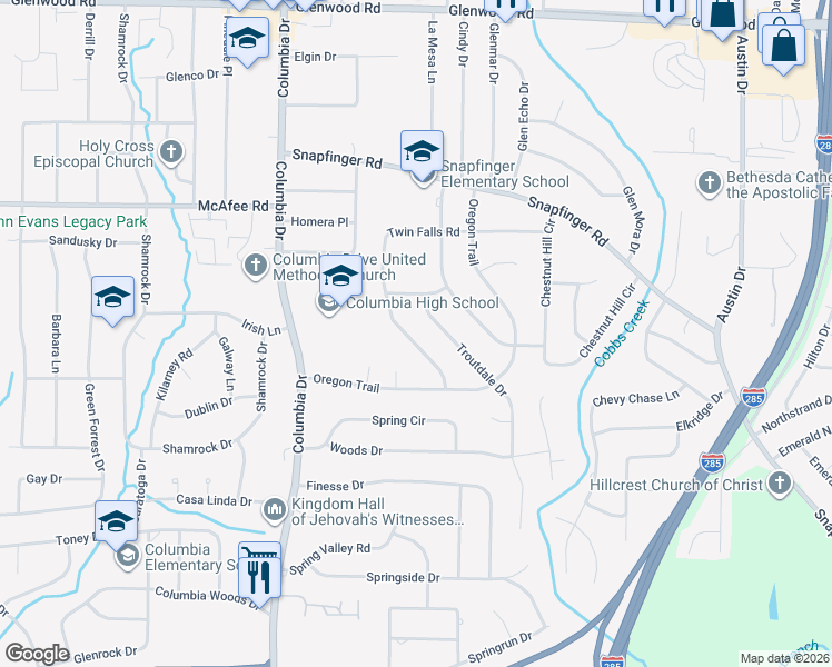map of restaurants, bars, coffee shops, grocery stores, and more near 2104 Twin Falls Road in Decatur