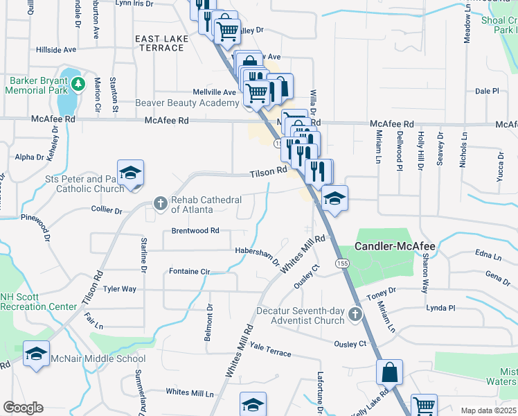 map of restaurants, bars, coffee shops, grocery stores, and more near 2648 Candler Parkway in Decatur