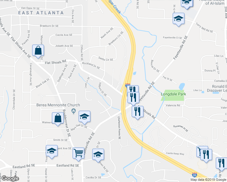 map of restaurants, bars, coffee shops, grocery stores, and more near 1905 Flat Shoals Road in Atlanta