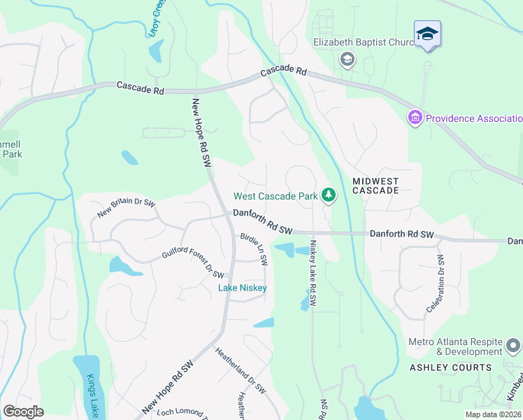 map of restaurants, bars, coffee shops, grocery stores, and more near 4555 Danforth Road Southwest in Atlanta