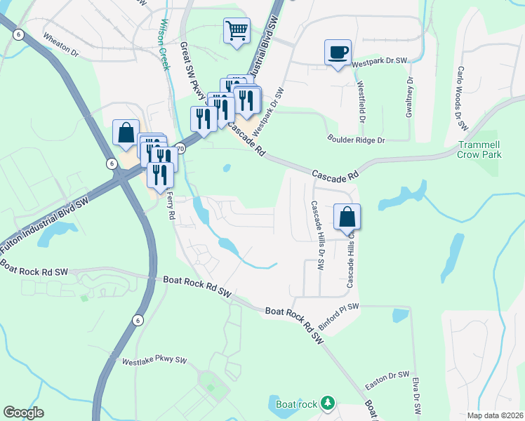 map of restaurants, bars, coffee shops, grocery stores, and more near 5449 Cascade Run in Atlanta