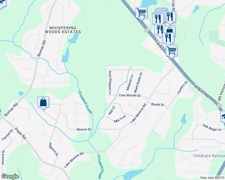 map of restaurants, bars, coffee shops, grocery stores, and more near 2870 Aunt Pittypat Lane in Douglasville