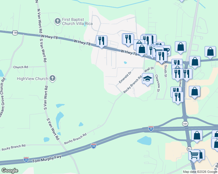 map of restaurants, bars, coffee shops, grocery stores, and more near 1012 Sapphire Street in Villa Rica