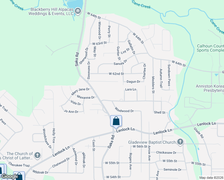 map of restaurants, bars, coffee shops, grocery stores, and more near 5925 Saks Road in Anniston