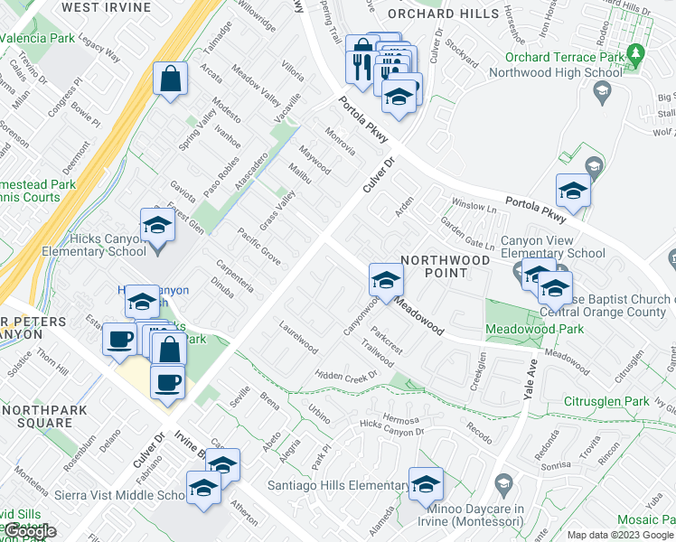 map of restaurants, bars, coffee shops, grocery stores, and more near 16 Spring Grove in Irvine
