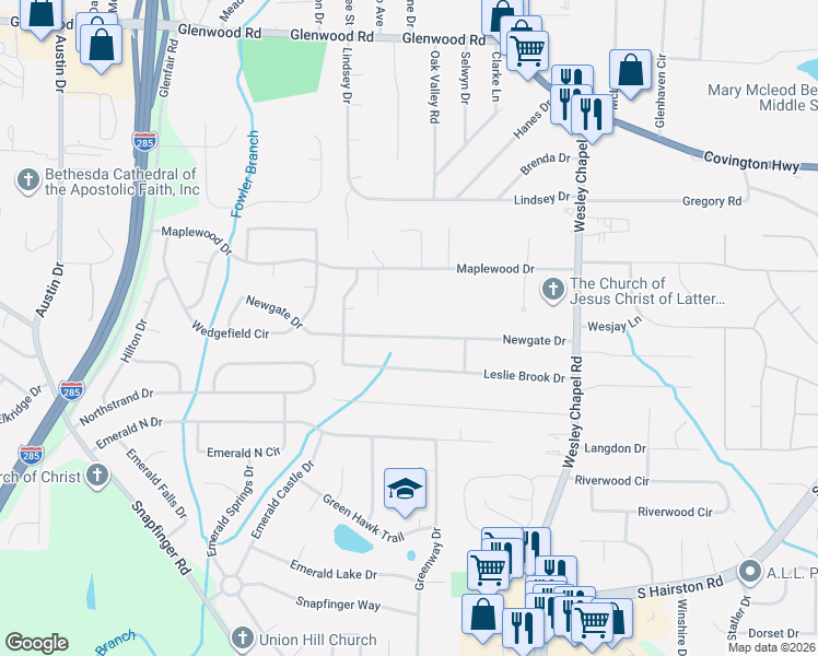 map of restaurants, bars, coffee shops, grocery stores, and more near 2337 Newgate Drive in Decatur