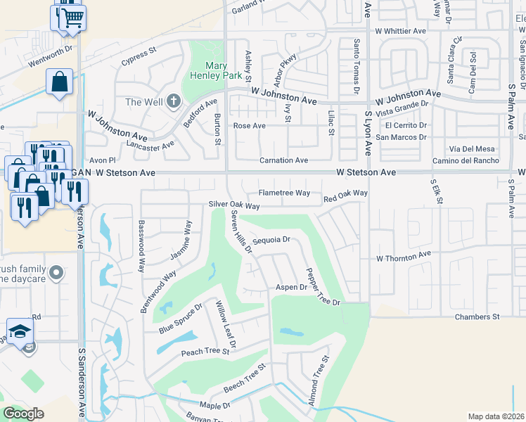 map of restaurants, bars, coffee shops, grocery stores, and more near 2125 Silver Oak Way in Hemet